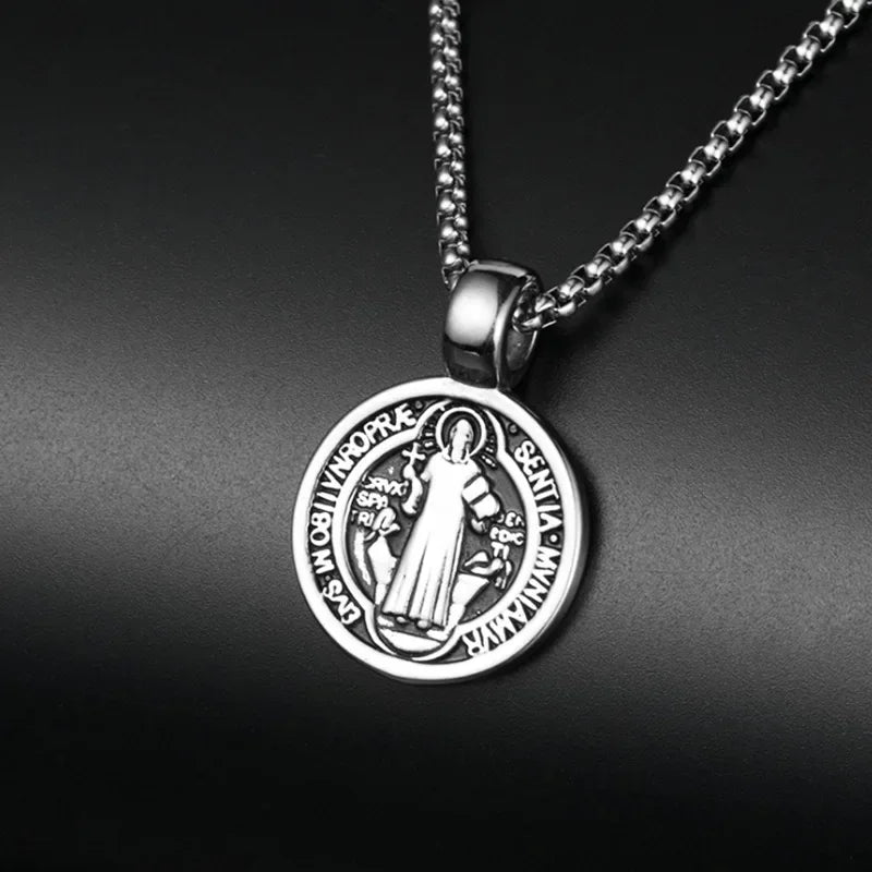 Stainless Steel Saint St. Benedict Collar Medal of San Benito Necklace Men Women Spiritual Virgin Mary Pendant Necklace For Men