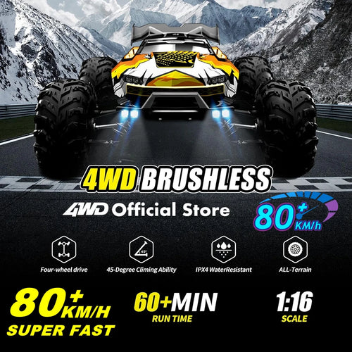 Load image into Gallery viewer, 1:16 80km/h Brushless RC Drift Car With LED Lights 4WD Electric High Speed Racing Remote Control Monster Truck for Kids Adults
