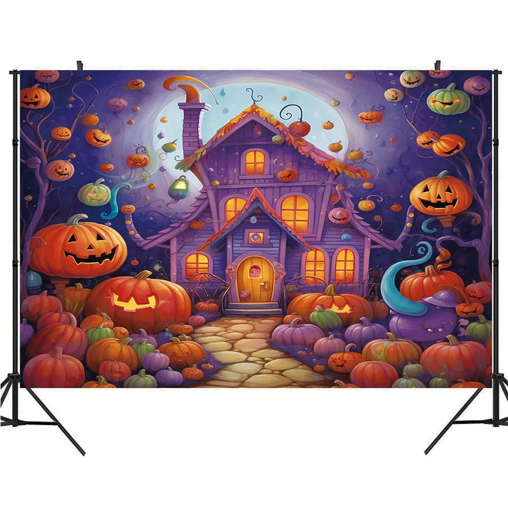 Fantasy House Pumpkin Lantern Purple Background, Halloween Party Horror Home Wall Banner Decoration Studio Photo Booth Prop