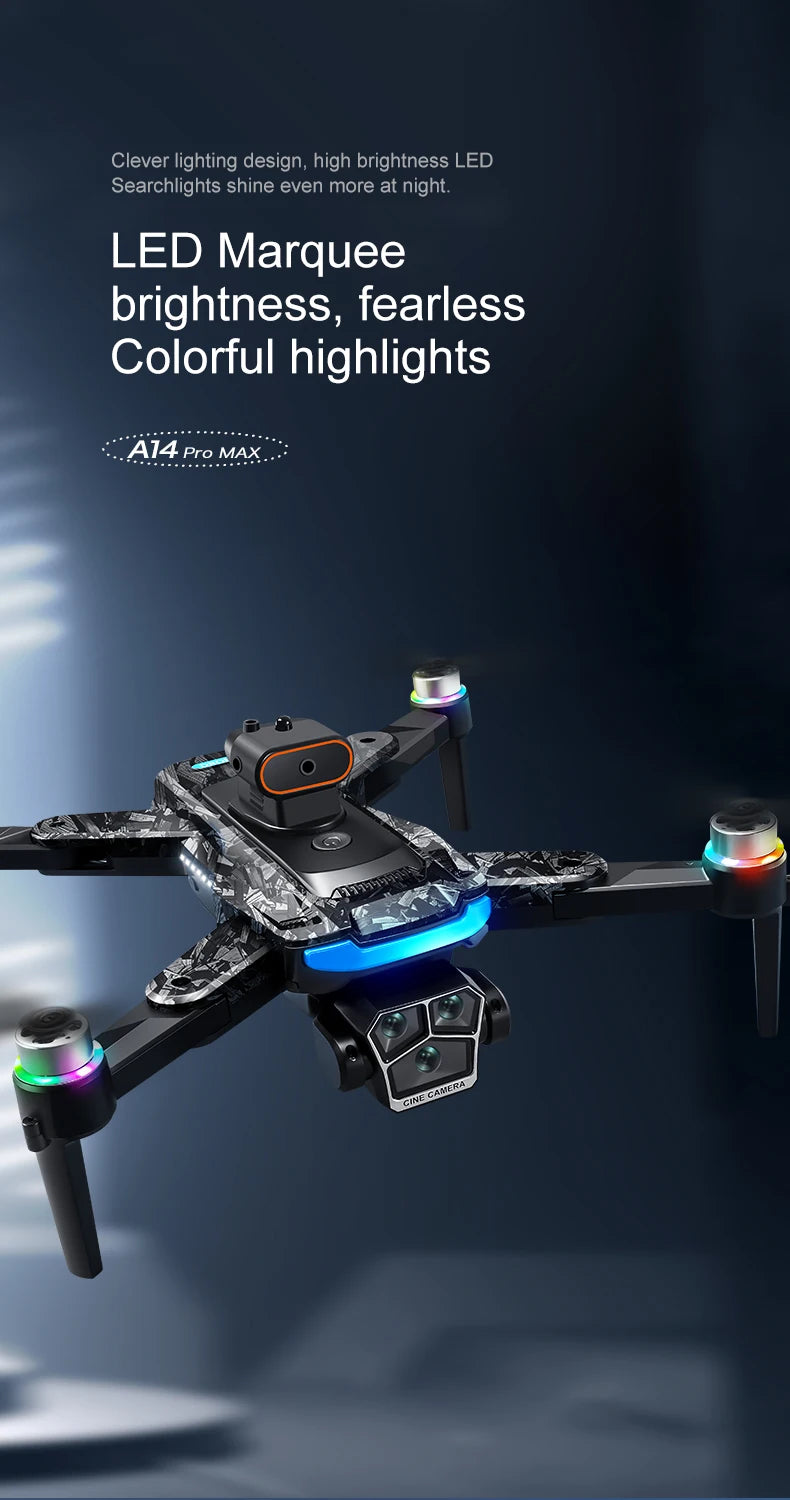 New upgraded A14 Pro Max GPS Brushless 8K three Camera Optical Flow Obstacle Avoidance Foldable Quadcopter RC Distance Drone Toy