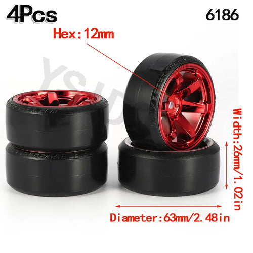 Load image into Gallery viewer, 4PCS YSIDO Hard Plastic 63mm/2.48inch Rim Tyre Tire Wheel 12mm HEX for 1/10 RC Drift Cars
