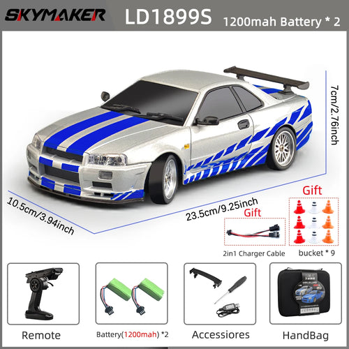 Load image into Gallery viewer, Skymaker LDRC 1/18 RC Drift Car LD1899 GTR Mode R34 2.4GHz RWD with Gyroscope on-Road Alloy Body Shell Racing Car for Boys Gifts
