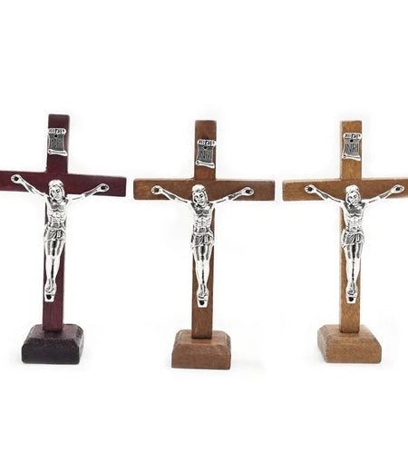 1Pc Wooden Catholic Jesus Cross with Stand Vintage Religious Christian Standing Crucifix Church Home Shelf Tabletop Ornaments