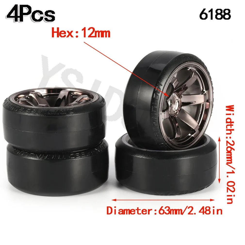 4PCS YSIDO Hard Plastic 63mm/2.48inch Rim Tyre Tire Wheel 12mm HEX for 1/10 RC Drift Cars