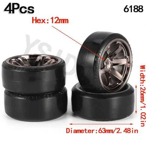 Load image into Gallery viewer, 4PCS YSIDO Hard Plastic 63mm/2.48inch Rim Tyre Tire Wheel 12mm HEX for 1/10 RC Drift Cars
