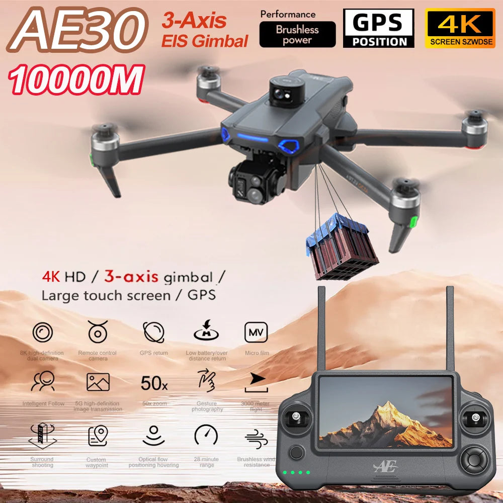 AE30 Ultra GPS Drone 4K Profesional HD Camera 3-Axis Gimbal Brushles Airdrop RC Quadcopter 5.5inch Screen Control Fishing Drones