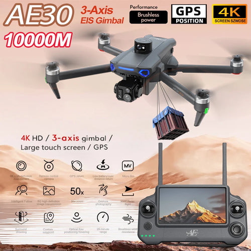 Load image into Gallery viewer, AE30 Ultra GPS Drone 4K Profesional HD Camera 3-Axis Gimbal Brushles Airdrop RC Quadcopter 5.5inch Screen Control Fishing Drones
