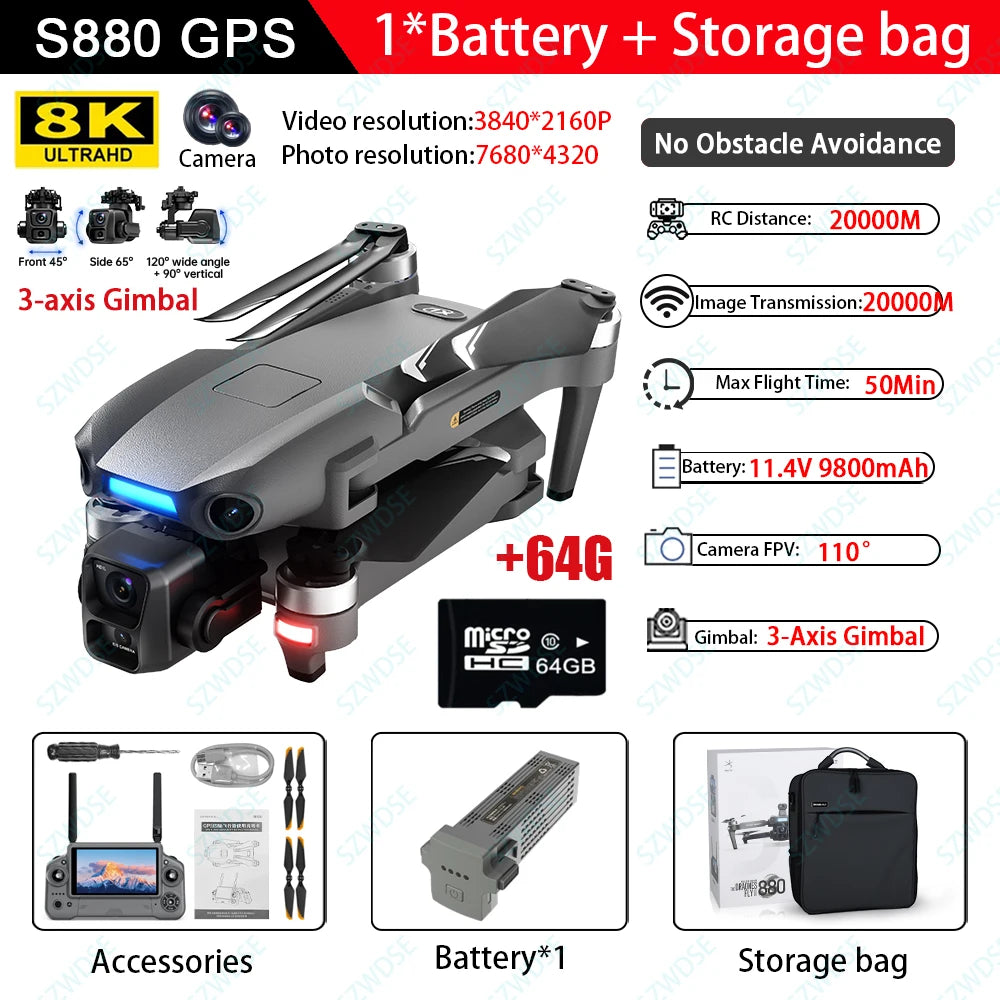 S880 Flagship Drone 8K Dual Cameras 3-Axis Gimbal 5G FPV GPS Return TouchScreen RC Obstacle Avoidance Optical Flow Hovering Dron