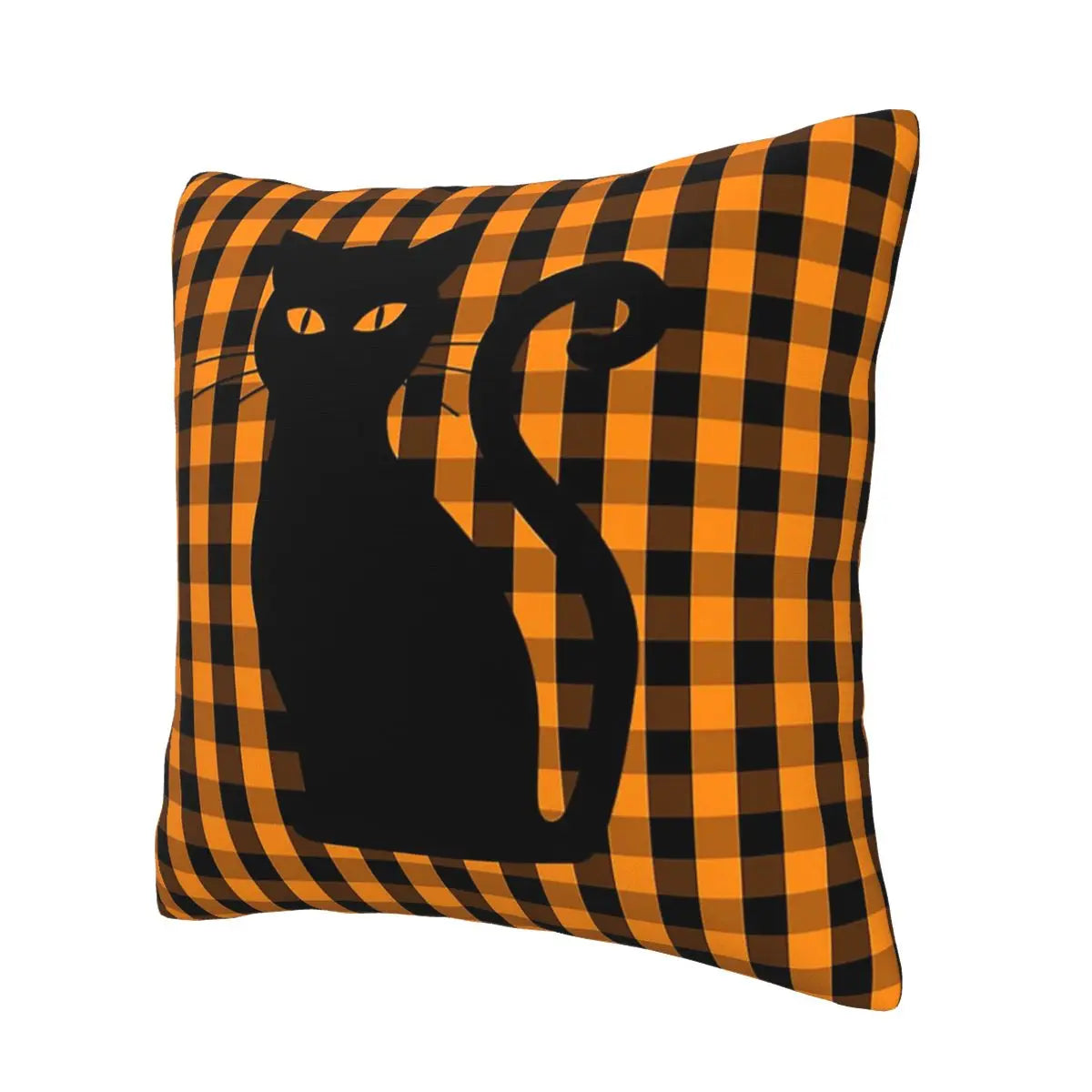 Black Halloween Cat On Orange Pumpkin Gingham Check Soft fabric home decor cushion