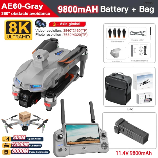 AE60 Ultra Professional Drone With 8K Camera GPS 3-Axis Gimbal Obstacle Avoidance Touch Screen FPV Brushless RC Drones Boy Toys