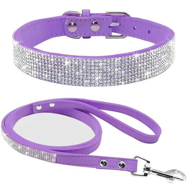 Pet Collar and leash, suede leather, Bling, colourful