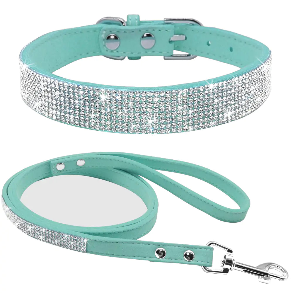 Pet Collar and leash, suede leather, Bling, colourful